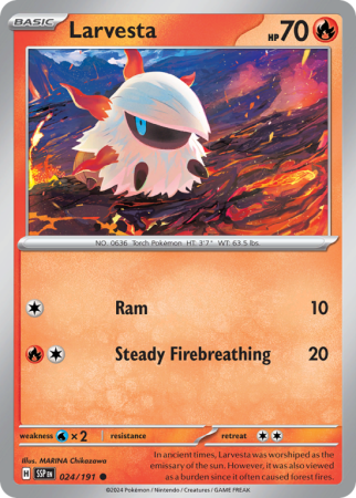 Pokémonkaart Larvesta nummer 24/191 uit de set Surging Sparks (Scarlet & Violet)