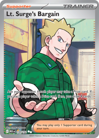 Pokémonkaart Lt. Surge's Bargain nummer 170/132 uit de set Mega Evolution