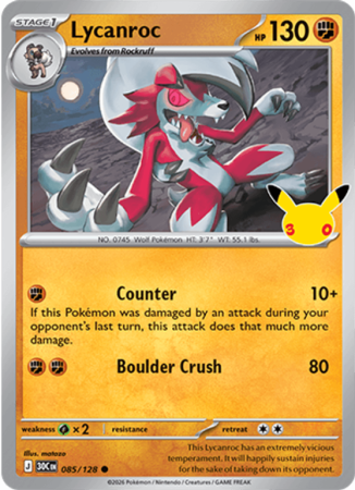 Pokémonkaart Lycanroc nummer 085/128 uit de set 30th Celebration (Mega Evolution)
