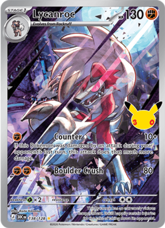 Pokémonkaart Lycanroc nummer 138/128 uit de set 30th Celebration (Mega Evolution)