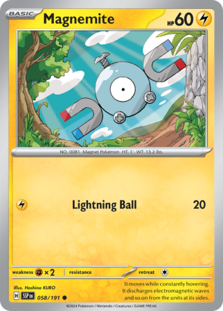 Pokémonkaart Magnemite nummer 58/191 uit de set Surging Sparks (Scarlet & Violet)