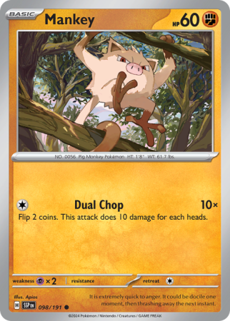 Pokémonkaart Mankey nummer 98/191 uit de set Surging Sparks (Scarlet & Violet)
