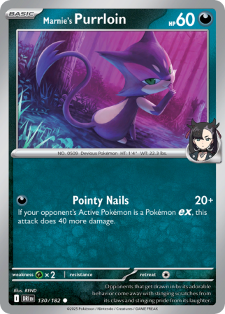 Pokémonkaart Marnie's Purrloin nummer 130/182 uit de set Destined Rivals (Scarlet & Violet)