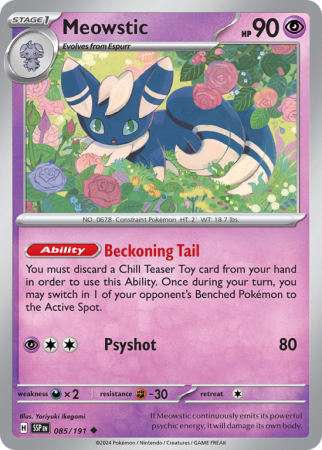 Pokémonkaart Meowstic nummer 85/191 uit de set Surging Sparks (Scarlet & Violet)