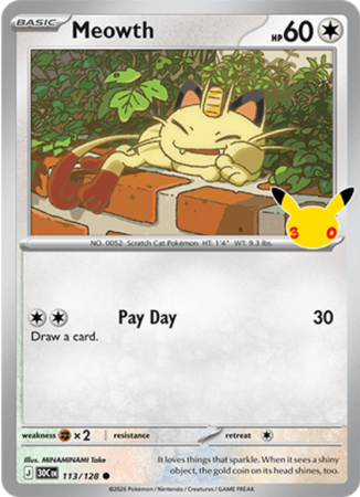 Pokémonkaart Meowth nummer 113/128 uit de set 30th Celebration (Mega Evolution)