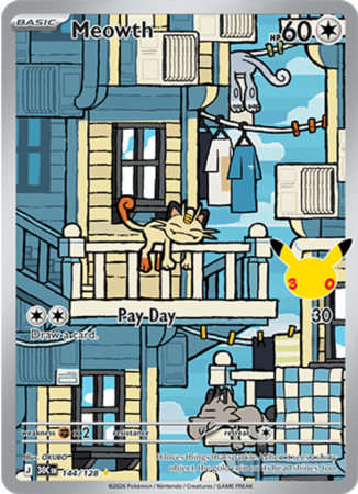 Pokémonkaart Meowth nummer 144/128 uit de set 30th Celebration (Mega Evolution)