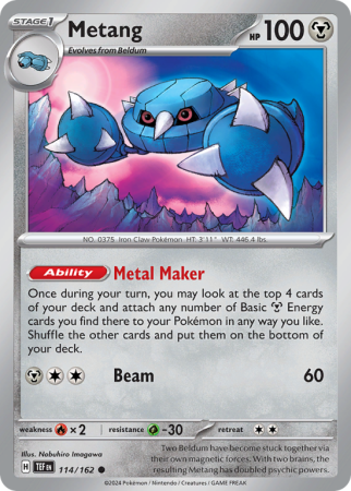 Pokémonkaart Metang nummer 114/162 uit de set Temporal Forces (Scarlet & Violet)