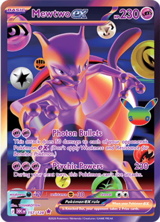 Pokémonkaart Mewtwo ex nummer 157/128 uit de set 30th Celebration (Mega Evolution)