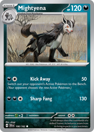 Pokémonkaart Mightyena nummer 106/162 uit de set Temporal Forces (Scarlet & Violet)