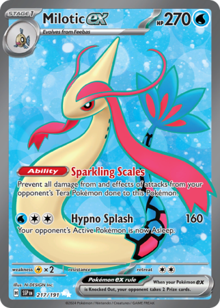 Pokémonkaart Milotic ex nummer 217/191 uit de set Surging Sparks (Scarlet & Violet)