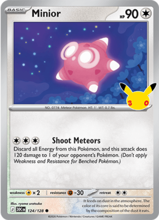 Pokémonkaart Minior nummer 124/128 uit de set 30th Celebration (Mega Evolution)
