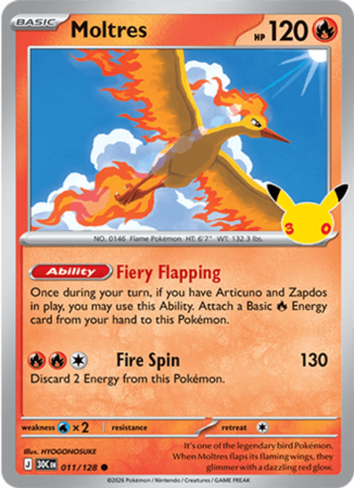 Pokémonkaart Moltres nummer 011/128 uit de set 30th Celebration (Mega Evolution)