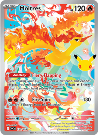 Pokémonkaart Moltres nummer 130/128 uit de set 30th Celebration (Mega Evolution)