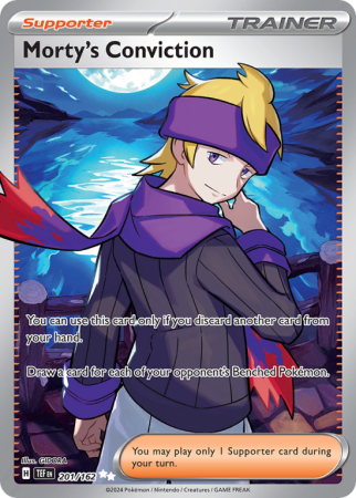 Pokémonkaart Morty's Conviction nummer 201/162 uit de set Temporal Forces (Scarlet & Violet)