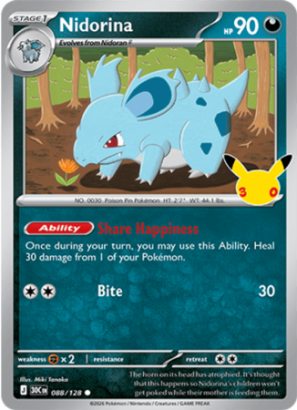 Pokémonkaart Nidorina nummer 088/128 uit de set 30th Celebration (Mega Evolution)