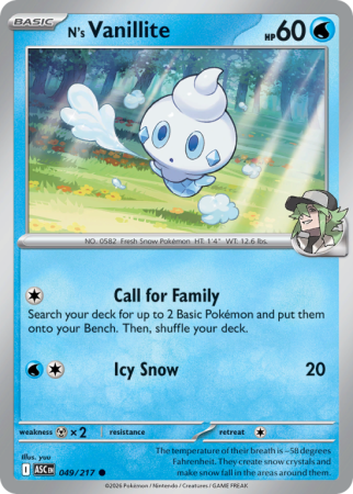 Pokémonkaart N's Vanillite nummer 49/217 uit de set Ascended Heroes (Mega Evolution)