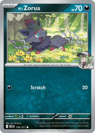 Pokémonkaart N's Zorua nummer 136/217 uit de set Ascended Heroes (Mega Evolution)
