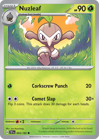 Pokémonkaart Nuzleaf nummer 4/162 uit de set Temporal Forces (Scarlet & Violet)