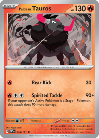 Pokémonkaart Paldean Tauros nummer 18/191 uit de set Surging Sparks (Scarlet & Violet)