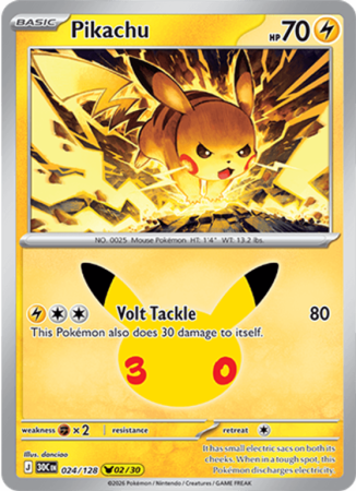 Pokémonkaart Pikachu nummer 024/128 uit de set 30th Celebration (Mega Evolution)