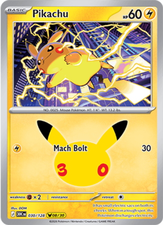 Pokémonkaart Pikachu nummer 030/128 uit de set 30th Celebration (Mega Evolution)