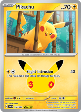 Pokémonkaart Pikachu nummer 036/128 uit de set 30th Celebration (Mega Evolution)
