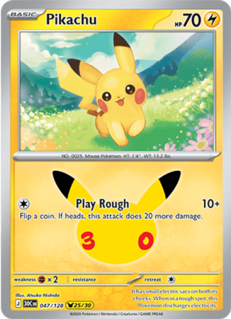 Pokémonkaart Pikachu nummer 047/128 uit de set 30th Celebration (Mega Evolution)