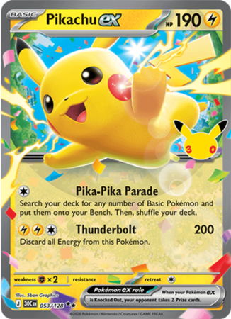 Pokémonkaart Pikachu ex nummer 053/128 uit de set 30th Celebration (Mega Evolution)