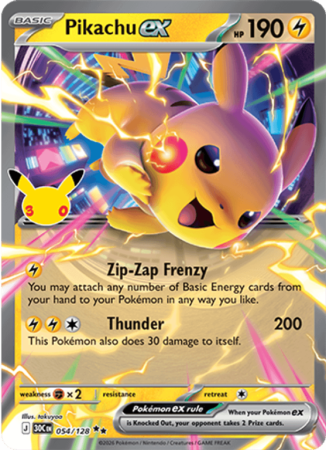 Pokémonkaart Pikachu ex nummer 054/128 uit de set 30th Celebration (Mega Evolution)