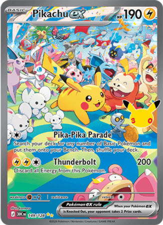 Pokémonkaart Pikachu ex nummer 149/128 uit de set 30th Celebration (Mega Evolution)