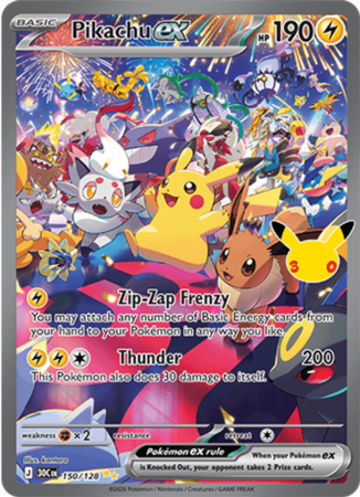 Pokémonkaart Pikachu ex nummer 150/128 uit de set 30th Celebration (Mega Evolution)