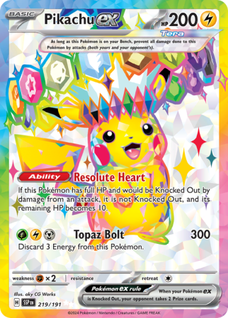 Pokémonkaart Pikachu ex nummer 219/191 uit de set Surging Sparks (Scarlet & Violet)