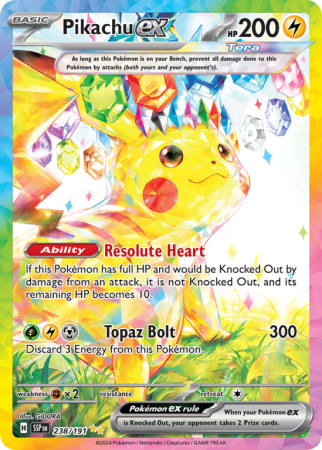 Pokémonkaart Pikachu ex nummer 238/191 uit de set Surging Sparks (Scarlet & Violet)