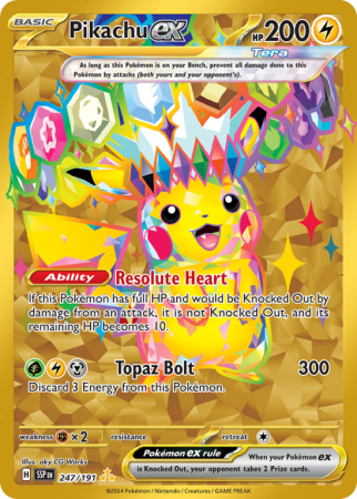 Pokémonkaart Pikachu ex nummer 247/191 uit de set Surging Sparks (Scarlet & Violet)