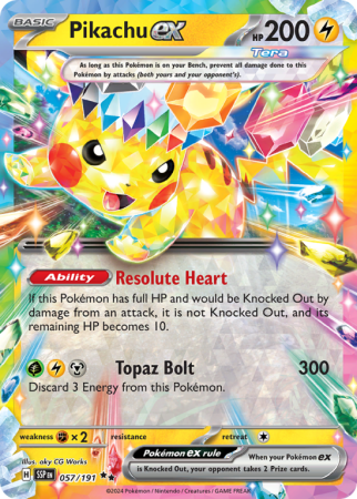 Pokémonkaart Pikachu ex nummer 57/191 uit de set Surging Sparks (Scarlet & Violet)