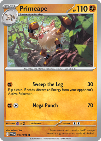 Pokémonkaart Primeape nummer 99/191 uit de set Surging Sparks (Scarlet & Violet)