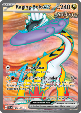 Pokémonkaart Raging Bolt ex nummer 196/162 uit de set Temporal Forces (Scarlet & Violet)