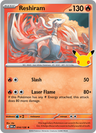 Pokémonkaart Reshiram nummer 014/128 uit de set 30th Celebration (Mega Evolution)