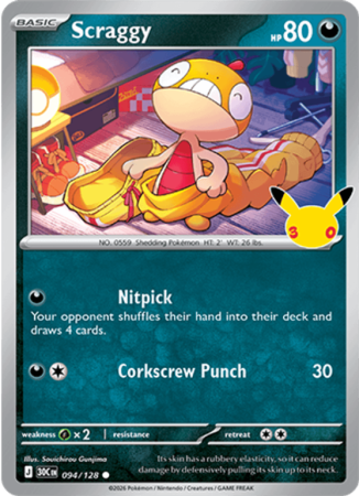 Pokémonkaart Scraggy nummer 094/128 uit de set 30th Celebration (Mega Evolution)