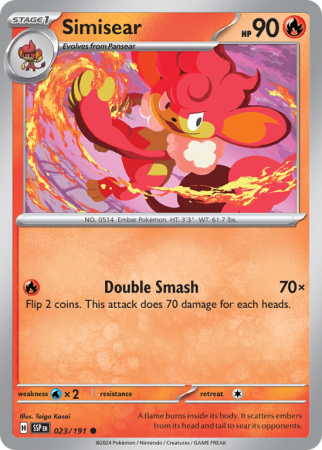 Pokémonkaart Simisear nummer 23/191 uit de set Surging Sparks (Scarlet & Violet)