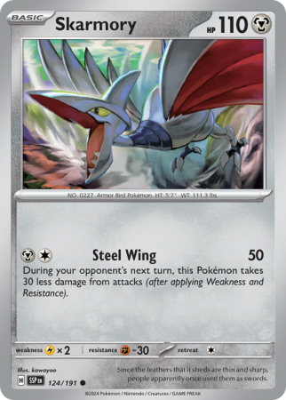 Pokémonkaart Skarmory nummer 124/191 uit de set Surging Sparks (Scarlet & Violet)