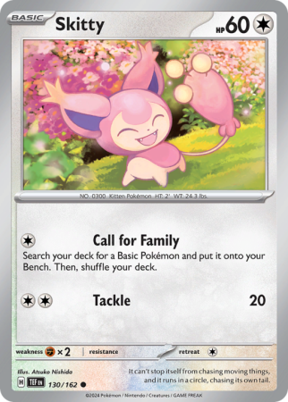 Pokémonkaart Skitty nummer 130/162 uit de set Temporal Forces (Scarlet & Violet)