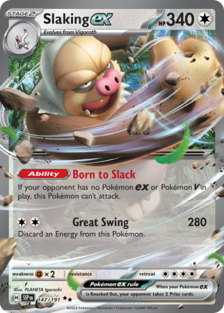 Pokémonkaart Slaking ex nummer 147/191 uit de set Surging Sparks (Scarlet & Violet)