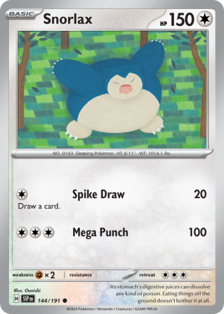 Pokémonkaart Snorlax nummer 144/191 uit de set Surging Sparks (Scarlet & Violet)