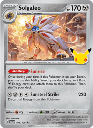 Pokémonkaart Solgaleo nummer 105/128 uit de set 30th Celebration (Mega Evolution)