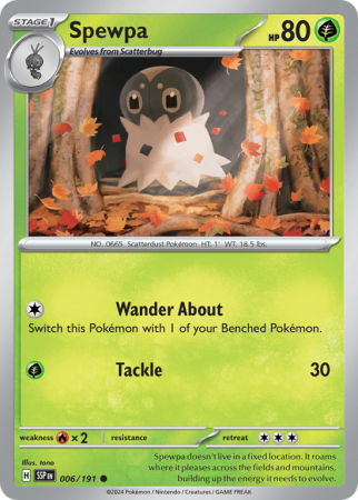 Pokémonkaart Spewpa nummer 6/191 uit de set Surging Sparks (Scarlet & Violet)