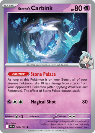 Pokémonkaart Steven's Carbink nummer 86/182 uit de set Destined Rivals (Scarlet & Violet)
