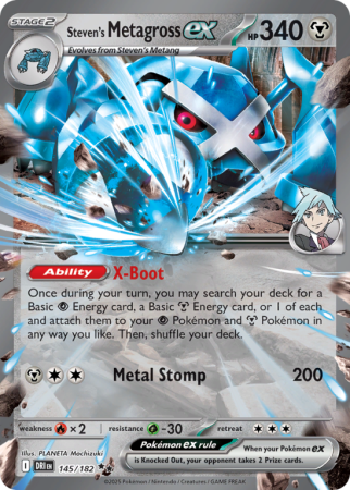 Pokémonkaart Steven's Metagross ex nummer 145/182 uit de set Destined Rivals (Scarlet & Violet)