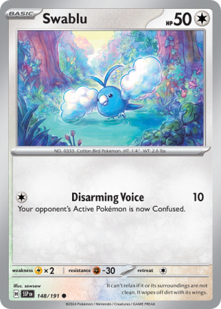 Pokémonkaart Swablu nummer 148/191 uit de set Surging Sparks (Scarlet & Violet)