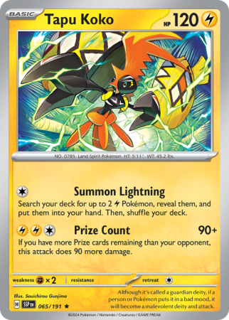 Pokémonkaart Tapu Koko nummer 65/191 uit de set Surging Sparks (Scarlet & Violet)